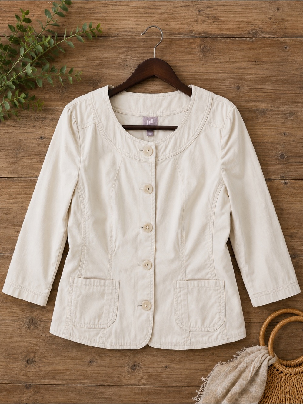 J Jill Jacket Womens 12 Stretch Beige 3/4 Sleeve Button Up Cropped Casual